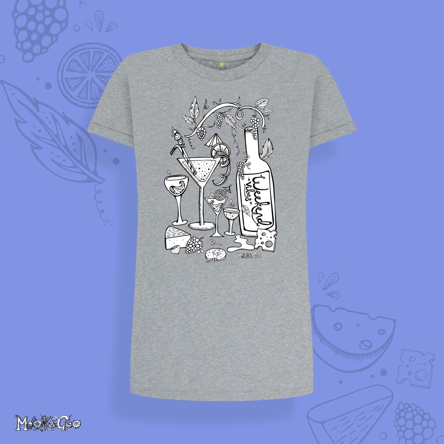 Athletic Grey oversized t-shirt dress with bold black and white picture of cheese and wine themed illustration on a long, oversized and relaxed t-shirt dress. It shows a bottle of wine, cocktails, brie cheese, grapes and biscuits - great for a girly night in clothing. Designed by MooksGoo