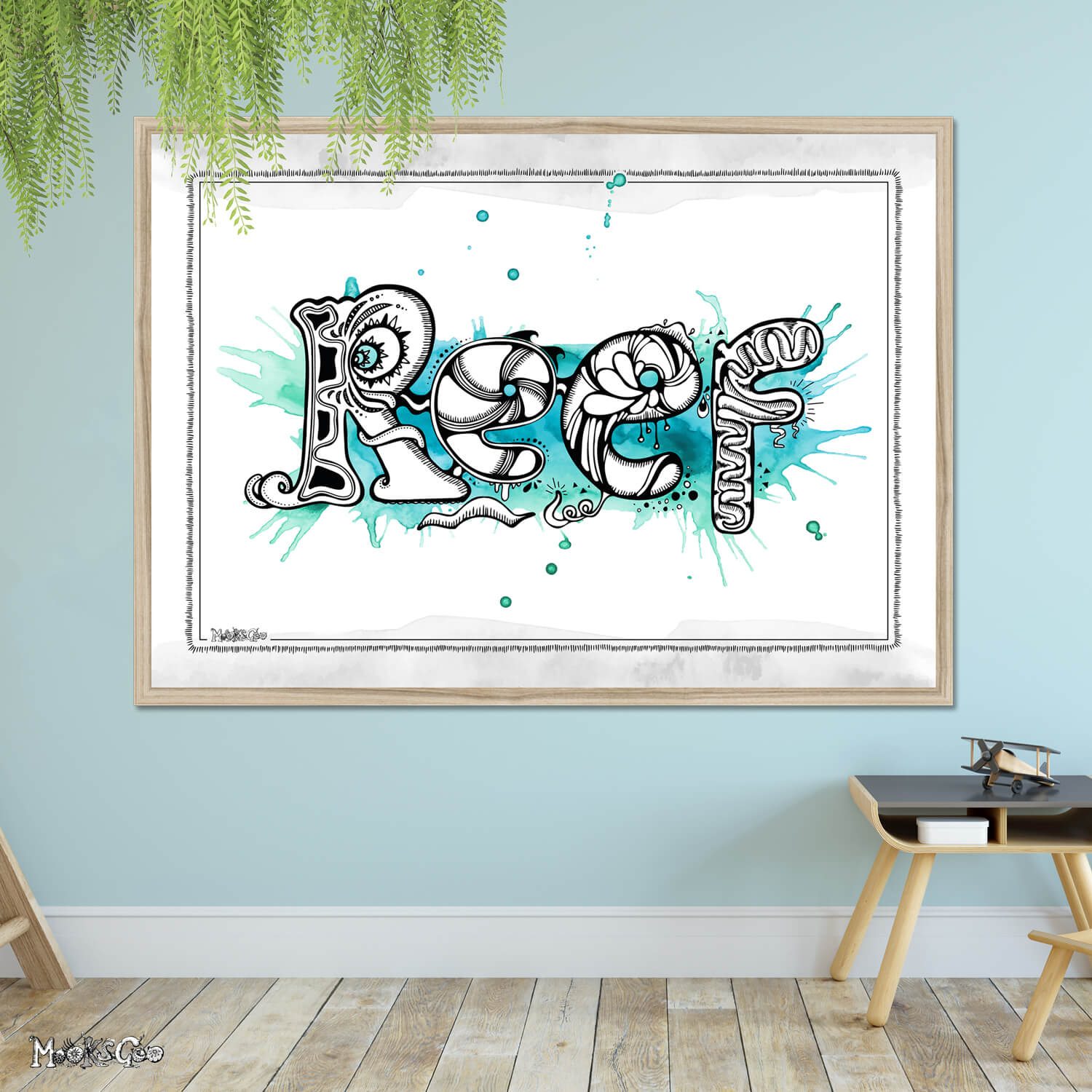 Reef framed name print illustration with bold black and white illustrated lettering by MooksGoo