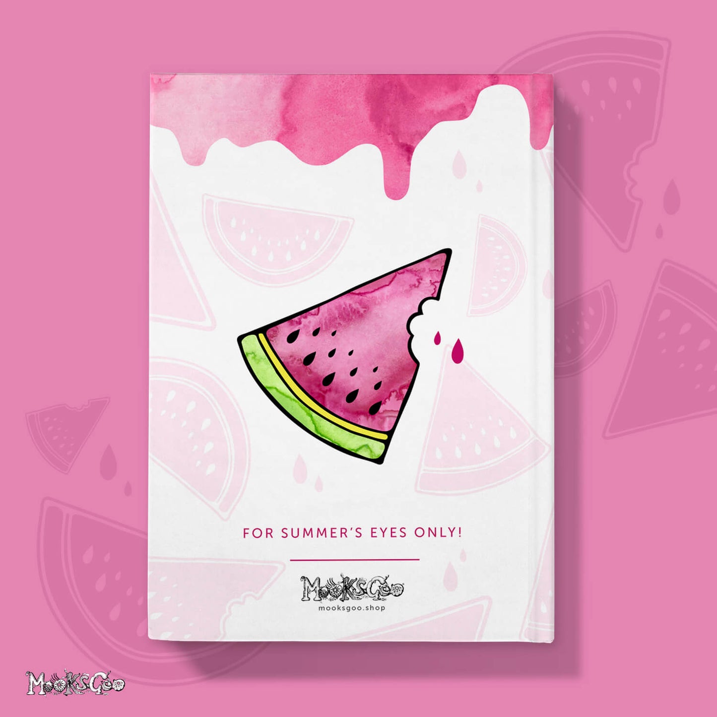 back cover of the personalised melon journal, diary or notebook with watercolour pink and green splashes, designed by MooksGoo