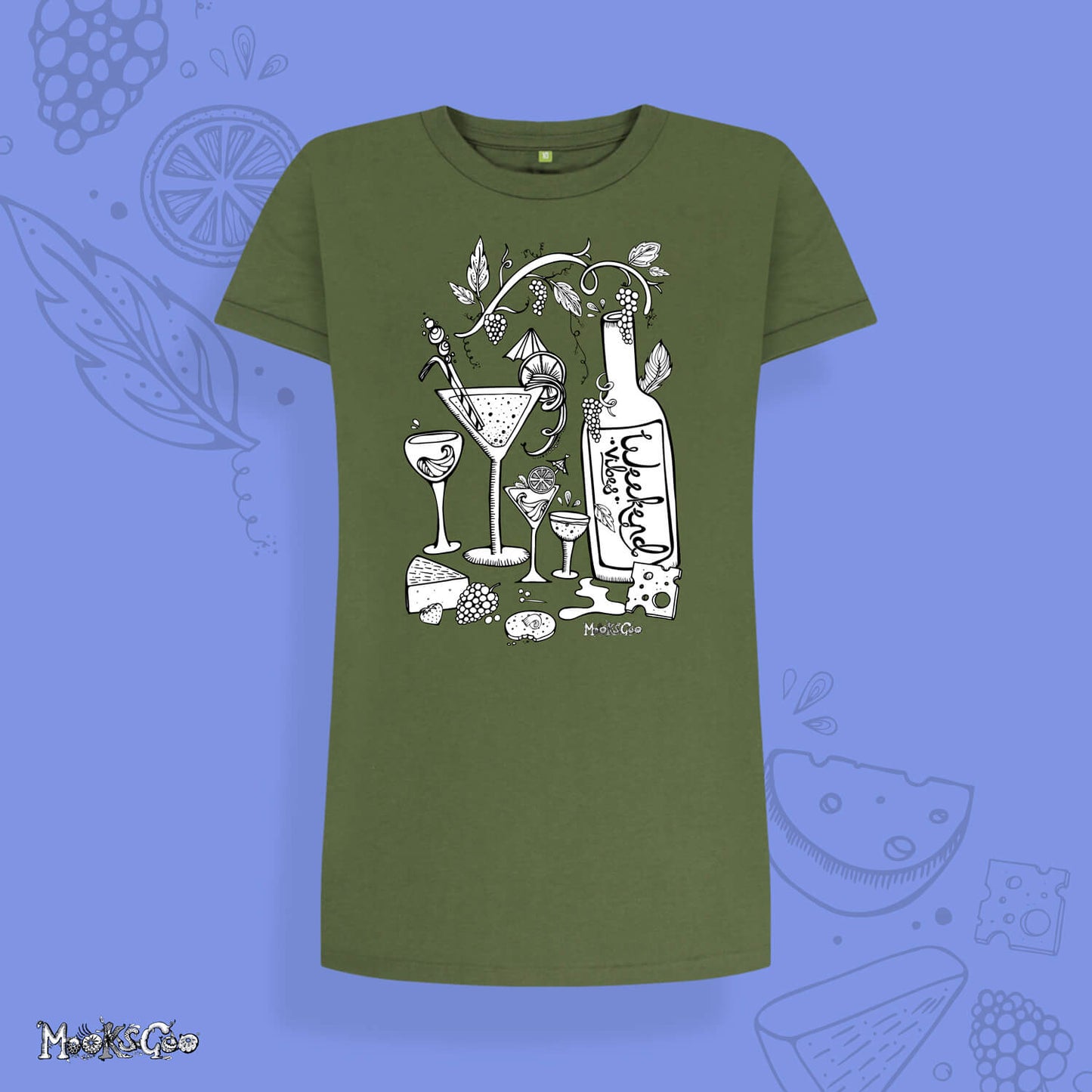 Khaki oversized t-shirt dress with bold black and white picture of cheese and wine themed illustration on a long, oversized and relaxed t-shirt dress. It shows a bottle of wine, cocktails, brie cheese, grapes and biscuits - great for a girly night in clothing. Designed by MooksGoo