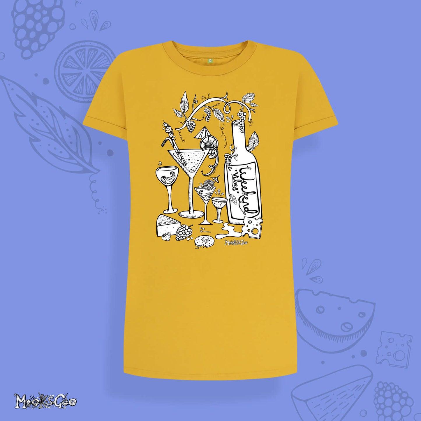 Mustard oversized t-shirt dress with bold black and white picture of cheese and wine themed illustration on a long, oversized and relaxed t-shirt dress. It shows a bottle of wine, cocktails, brie cheese, grapes and biscuits - great for a girly night in clothing. Designed by MooksGoo