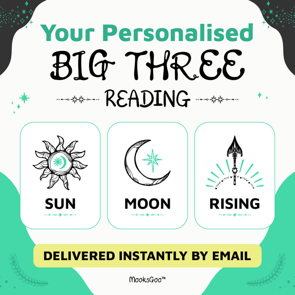 Promotional graphic for a personalised Big Three Reading set by MooksGoo, featuring illustrated sun, moon, and rising symbols with the text 'Your Personalised BIG THREE READING' and 'DELIVERED INSTANTLY BY EMAIL' on a white and teal background. Designed by MooksGoo