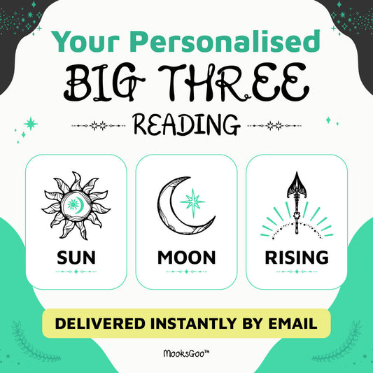 Promotional graphic for a personalised Big Three Reading set by MooksGoo, featuring illustrated sun, moon, and rising symbols with the text 'Your Personalised BIG THREE READING' and 'DELIVERED INSTANTLY BY EMAIL' on a white and teal background. Designed by MooksGoo