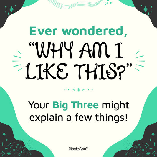 Big Three astrology reading graphic asking “Why am I like this?” with Sun, Moon and Rising insight. Teal and dark grey illustrated design, created by MooksGoo