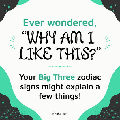 A digital graphic with a white background and decorative teal and black corner shapes. The text reads, 'Ever wondered, "WHY AM I LIKE THIS?" Your Big Three zodiac signs might explain a few things!' with the brand name 'MookGoo' at the bottom.