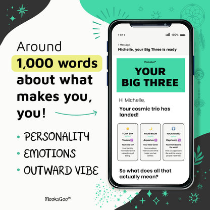 Promotional graphic for a digital service by MooksGoo, showing a smartphone screen with message content about personality and emotions, alongside marketing text on a white background with teal and black decorative elements.