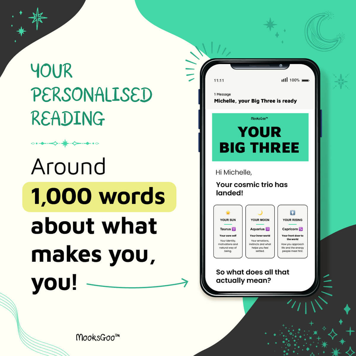 Personalised Big Three astrology reading with around 1,000 words, shown as an email on a phone.