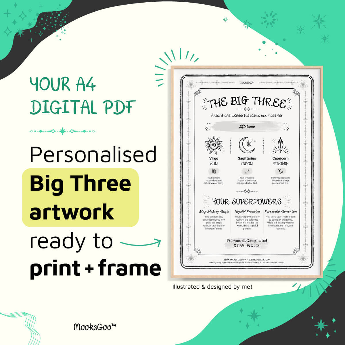 Personalised A4 Big Three astrology artwork PDF, ready to print and frame. Designed by MooksGoo
