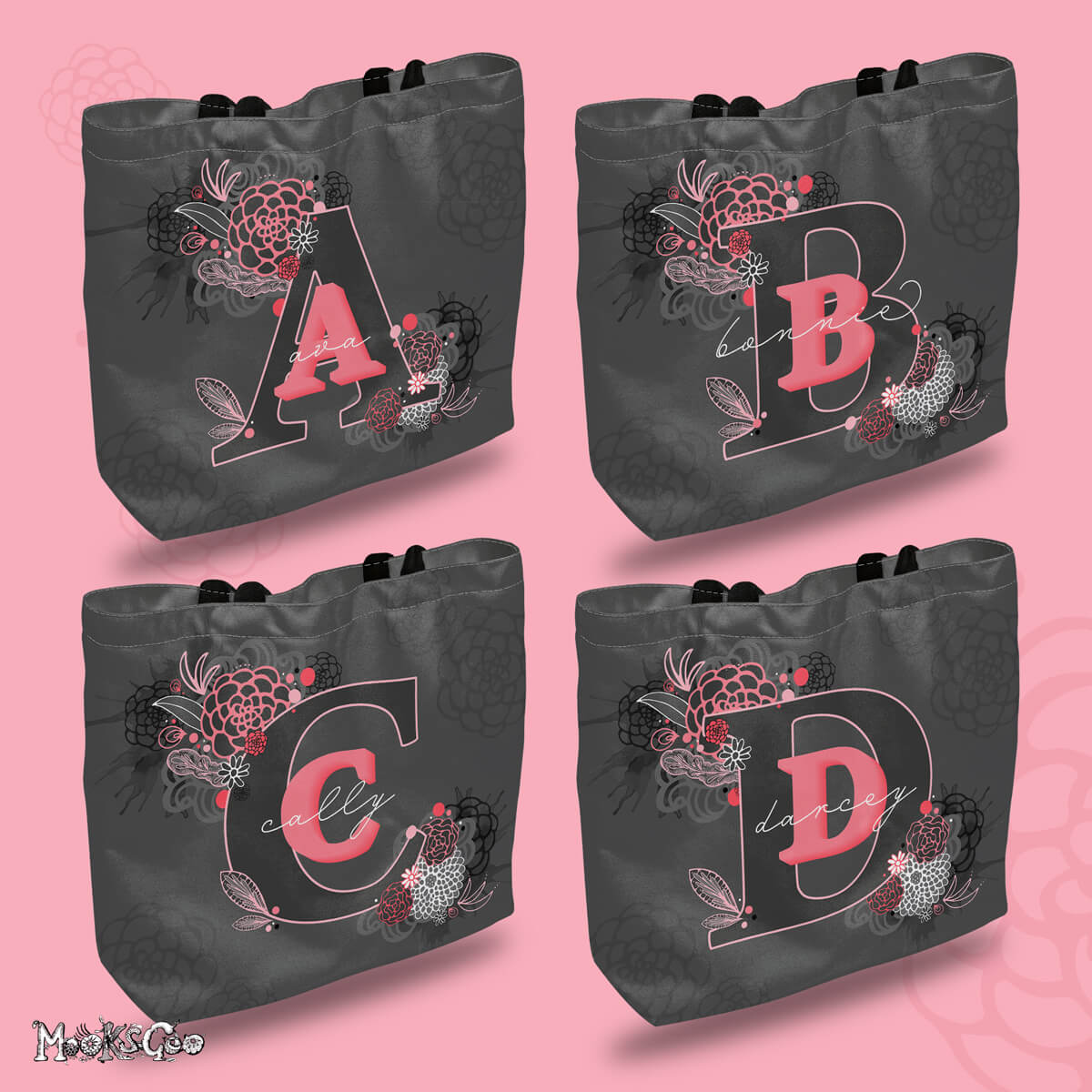 Personalised tote bag for girls, with letter A for Ava, B for Bonnie, C for Cally, and D for Darcey