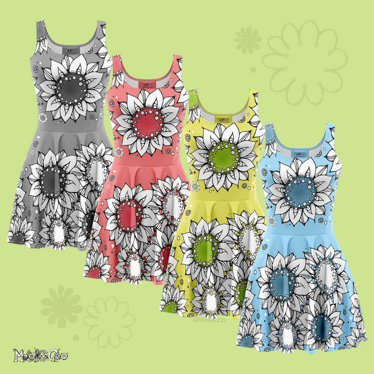 Floaty, funky, colourful silky skater dresses in grey, coral pink, lime green, and sky blue. Large and bold sunflower designs illustrated by MooksGoo