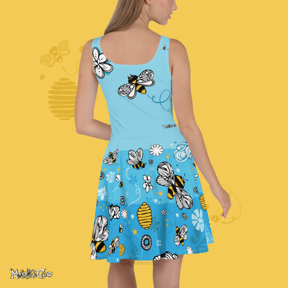 Vibrant bees, honey and flowers illustrated dress with a silky feel. Save the bees flared dress, back of the dress, designed by MooksGoo
