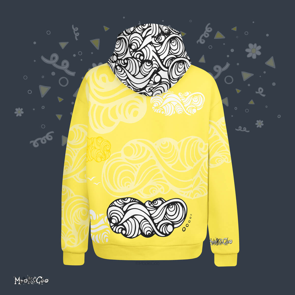Back view of the Sunny sunshine yellow, black and white quirky hoodie, with sizes from XS to 3XL. Designed by MooksGoo
