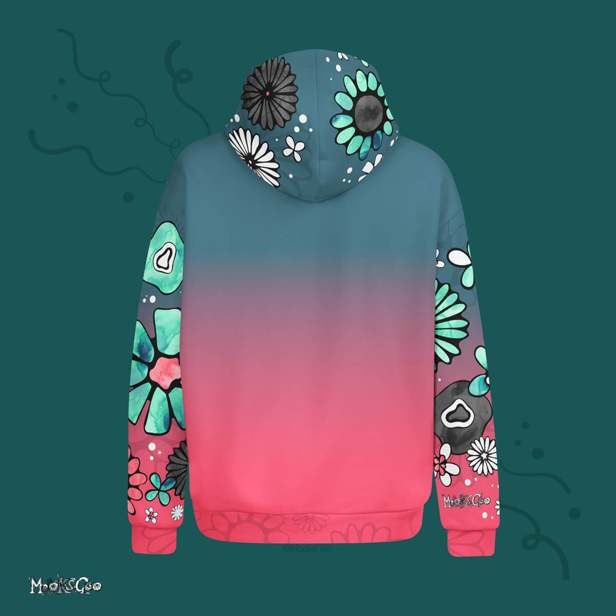 back view of the Colour Fade Flower Power unisex recycled hoodie designed by MooksGoo