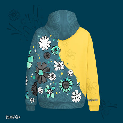 The back of the Colour Split teal and mustard hoodie, filled with bold turquoise flowers and wave patterns, designed by MooksGoo