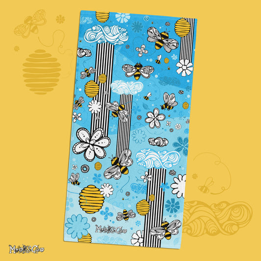 illustrated honeybees, flowers and nature with a sky blue background beach or bath towel, designed by MooksGoo