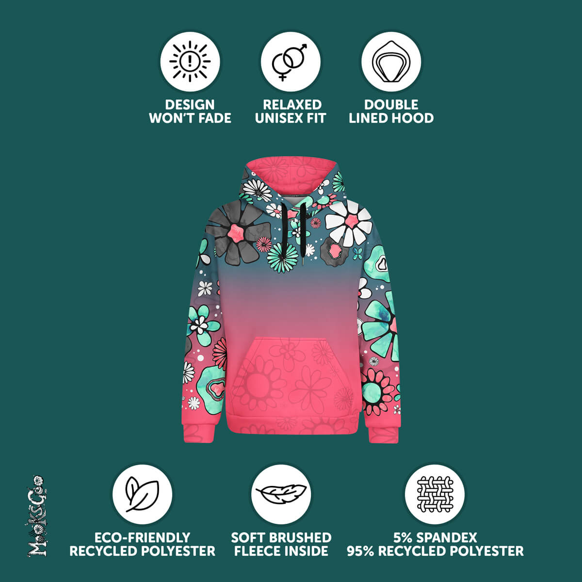 Benefits of the Colour Fade Flower Power recycled unisex hoodie designed by MooksGoo