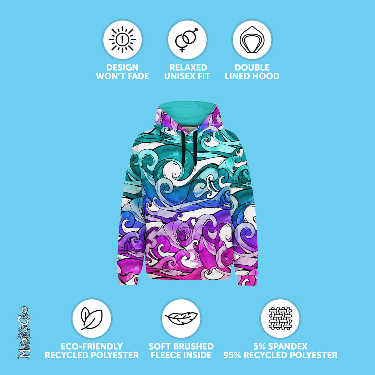 Benefits of the Rainbow Surfing Wave unisex recycled Hoodie, designed by MooksGoo