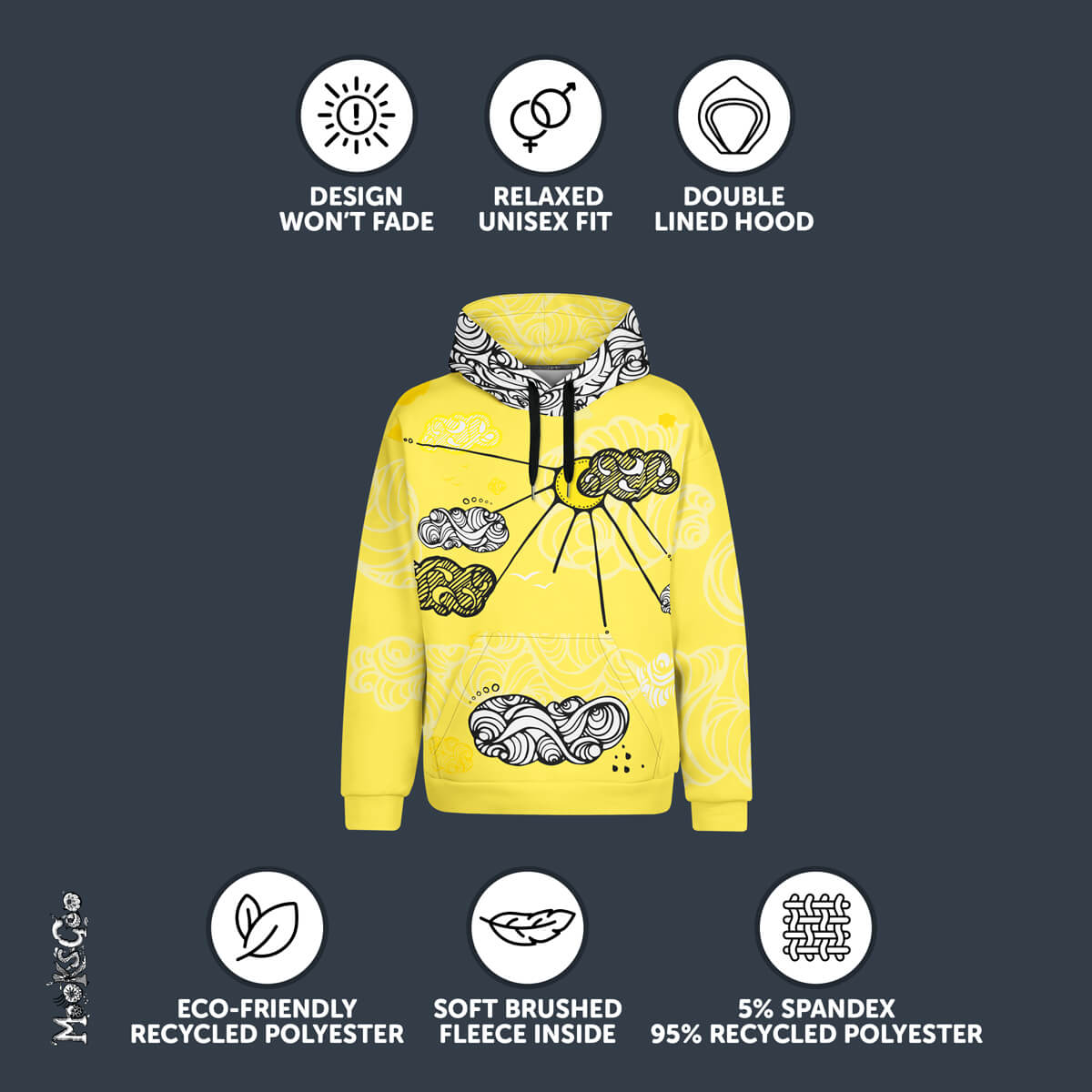 Benefits of the Sunny Sunshine all over print hoodie, proud of the eco-friendly material using 95% recycled polyester. Hoodie has a bright yellow background, black and white clouds, with a quirky design. Illustrated and designed by MooksGoo