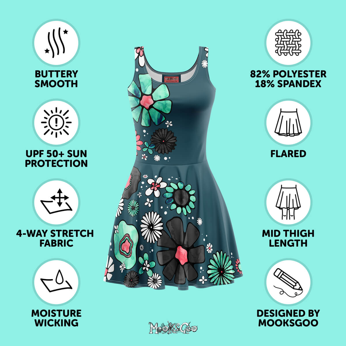 benefits of the teal, turquoise and coral pink flower power dress by mooksgoo, including buttery silky smooth fabric, UPF protection, moisture wicking, and a mid-thigh length