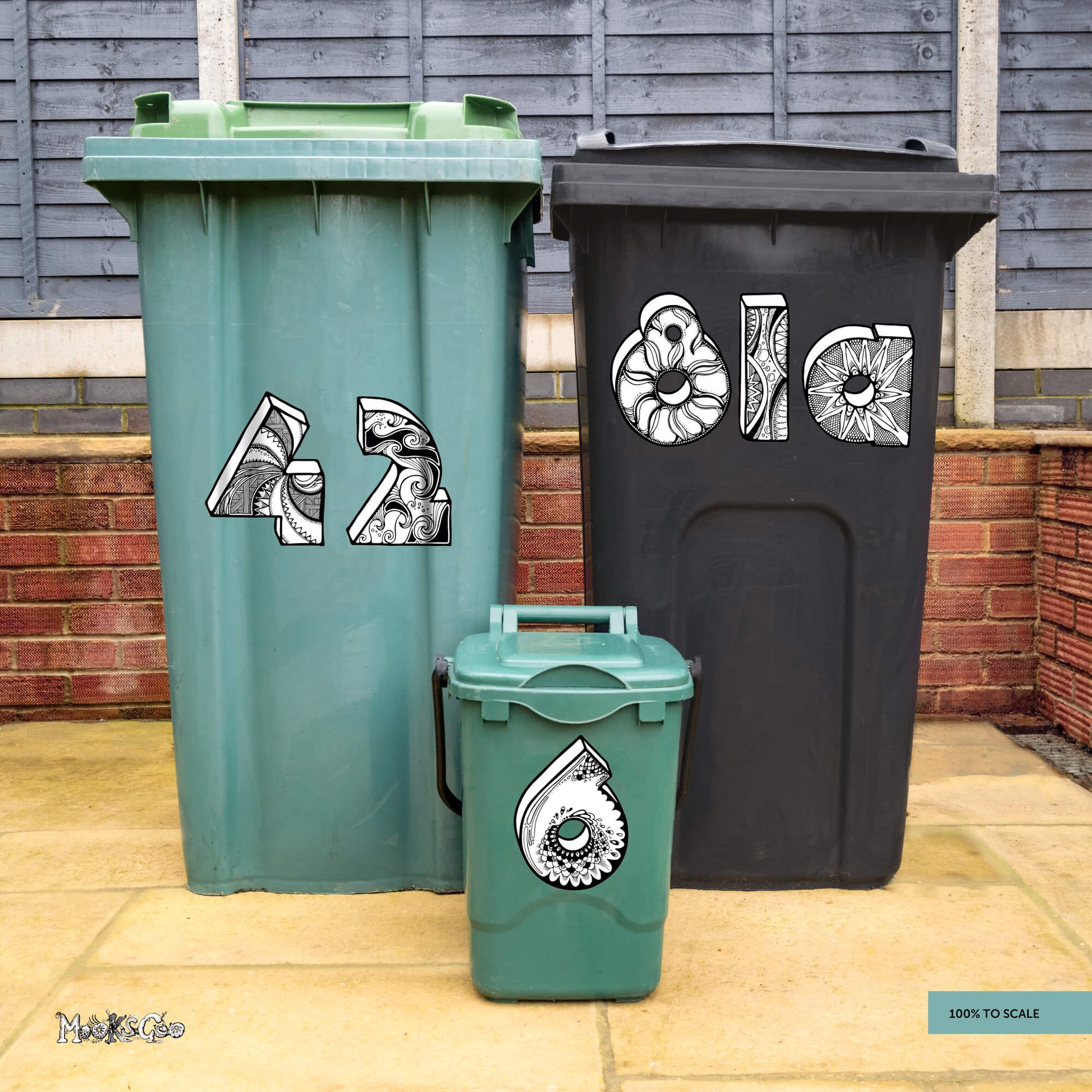 Large fun and quirky house number stickers for recycling green bins, rubbish black bin, food caddy bin, designed by MooksGoo