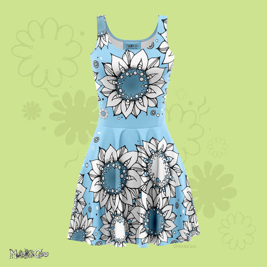 Quirky and fun women's floaty light skater dress with hand drawn illustrated black and white sunflowers, dots and wheels, in a sky blue colour, designed by MooksGoo