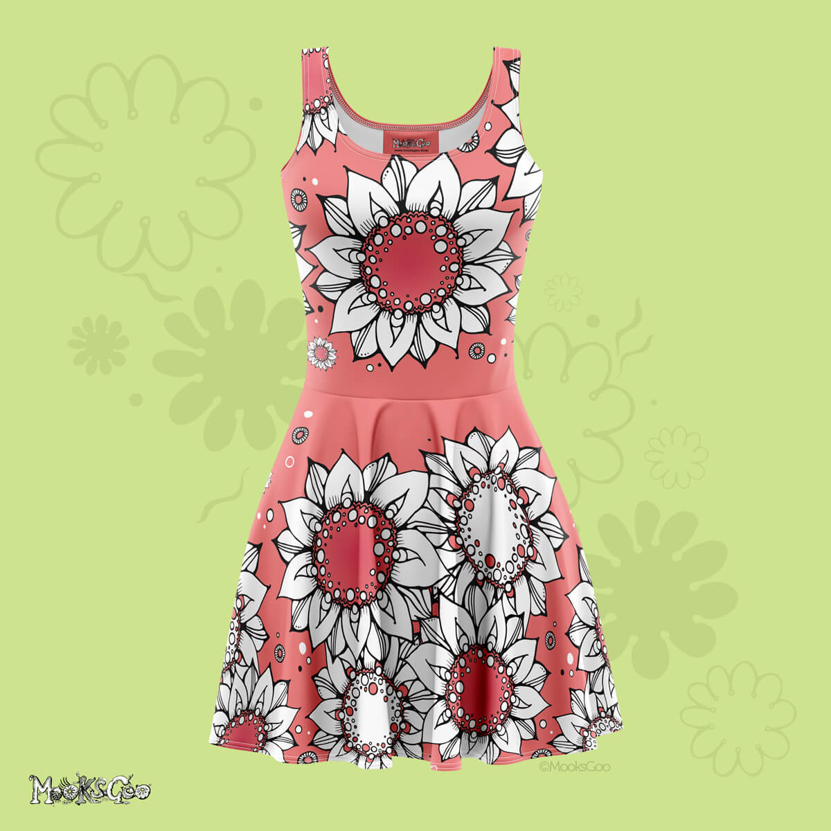 Front view of a bright modern coral Quirky and fun women's floaty light skater dress with hand drawn illustrated black and white sunflowers, dots and wheels, designed by MooksGoo