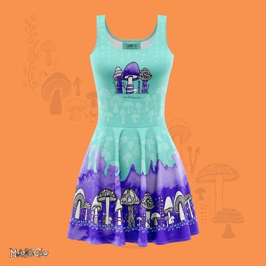 Trendy autumn purple and turquoise mushroom design on a flared skater tennis dress, designed by MooksGoo
