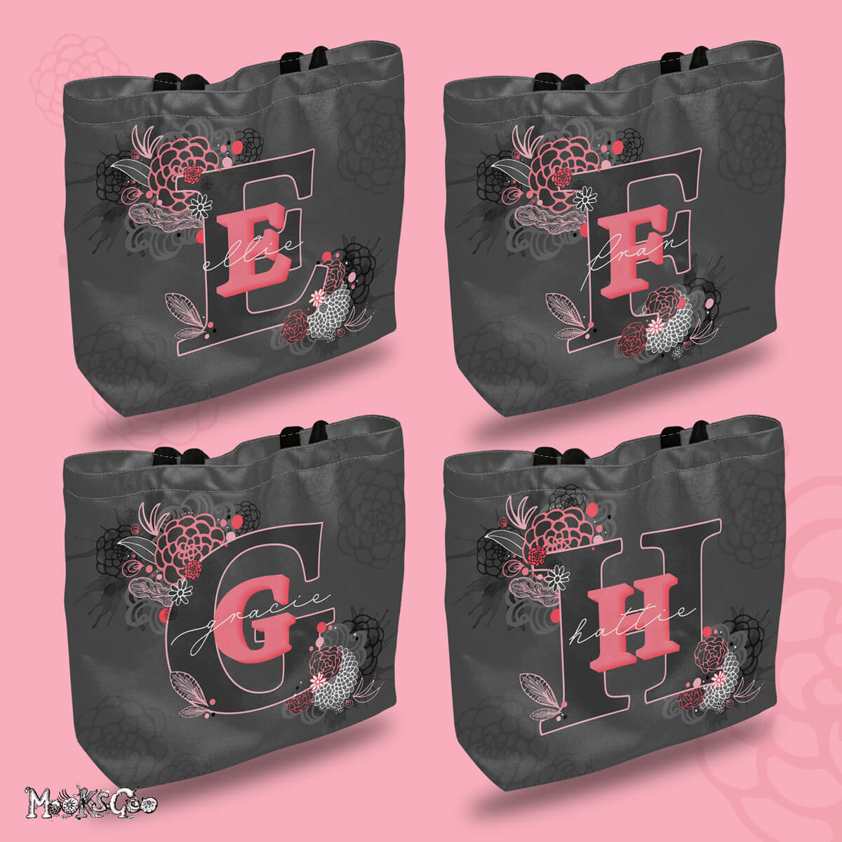 Personalised tote bag for women, toddlers, school age children, with letters E for Ellie, F for Fran, G for Gracie, and H for Hattie