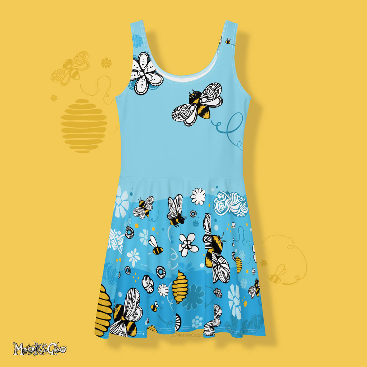 Vibrant bees, honey and flowers illustrated dress with a silky feel. Save the bees flared dress, flat layout, designed by MooksGoo