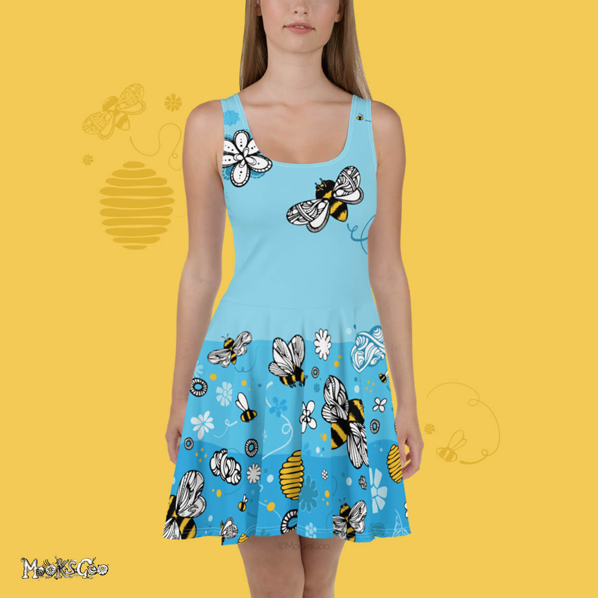 Vibrant bees, honey and flowers illustrated dress with a silky feel. Save the bees flared dress model to the front, designed by MooksGoo