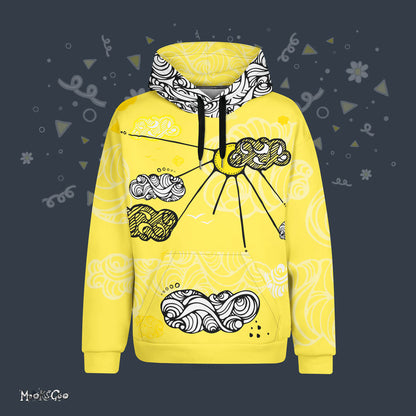 Fun, bright, quirky and original streetwear sunny sunshine and clouds yellow, black and white hoodie, with a black a white hood and raincloud kangaroo large pocket, designed by MooksGoo. It is a men's hoodie, women's hoodie, unisex hoody
