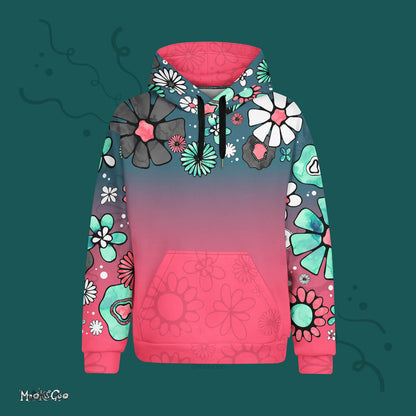 Statement recycled hoodie, with a colour fade from rich teal to a vibrant coral pink. Original illustration design by MooksGoo, the hoodie has bold textured flowers over the sleeves, hood and top half of the chest area.