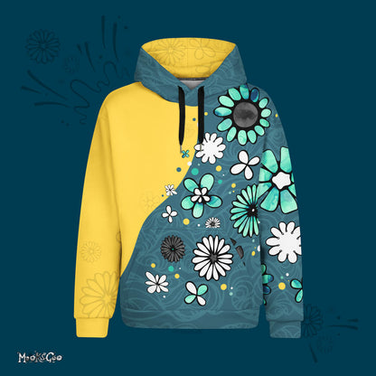 A striking hoodie with contrasting colours of mustard yellow and rich teal, with bold illustrated turquoise flowers flowing down one side. This unisex hoodie really is a statement piece! It has a soft outside with a vibrant, high resolution all-over print, and an even softer brushed fleece inside. The lightweight recycled material has a relaxed fit and looks simply dazzling on anyone.