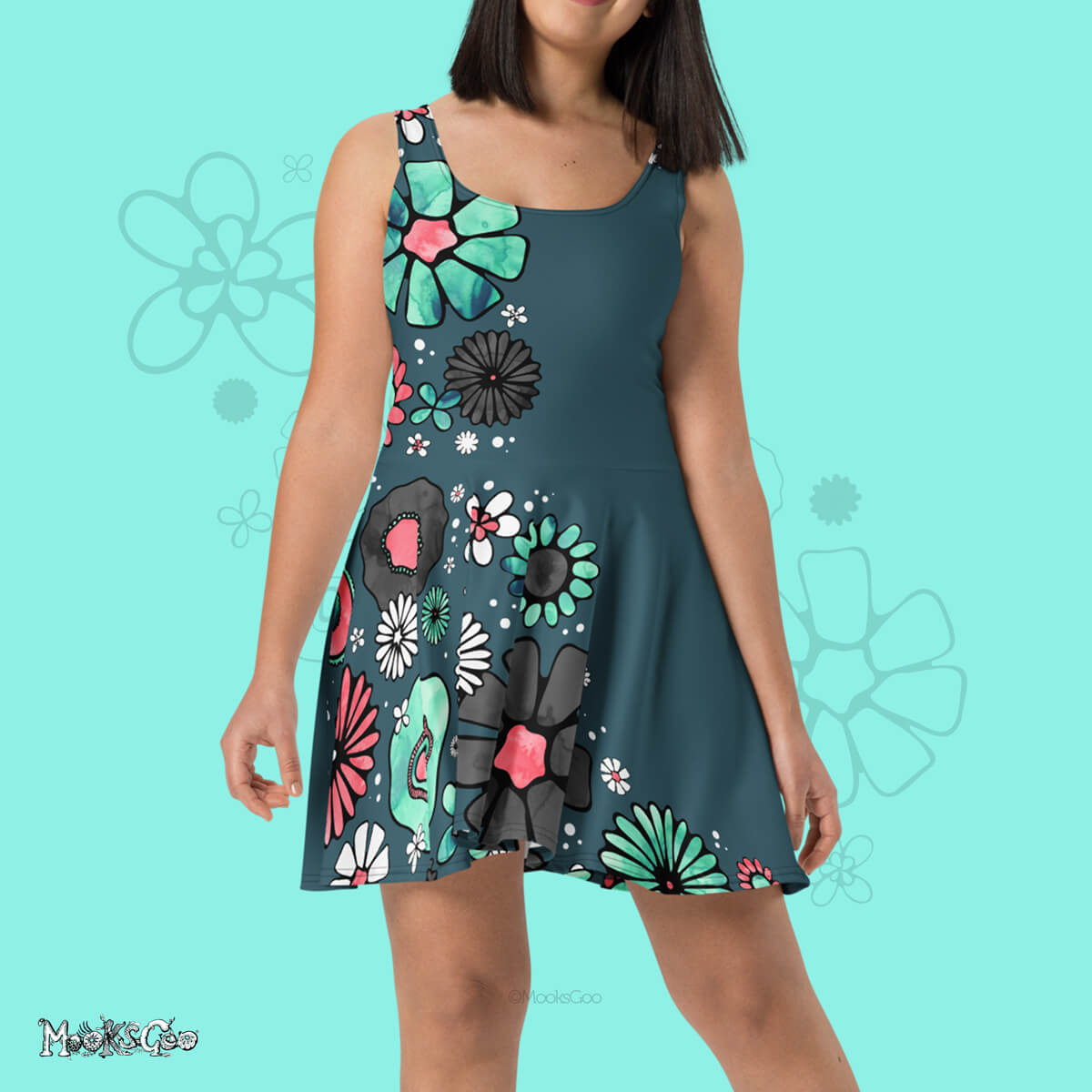 Front view of a model wearing a designer flower power dress, with the colours turquoise, coral pink, black and white, with a teal background. Illustrated dress design by MooksGoo
