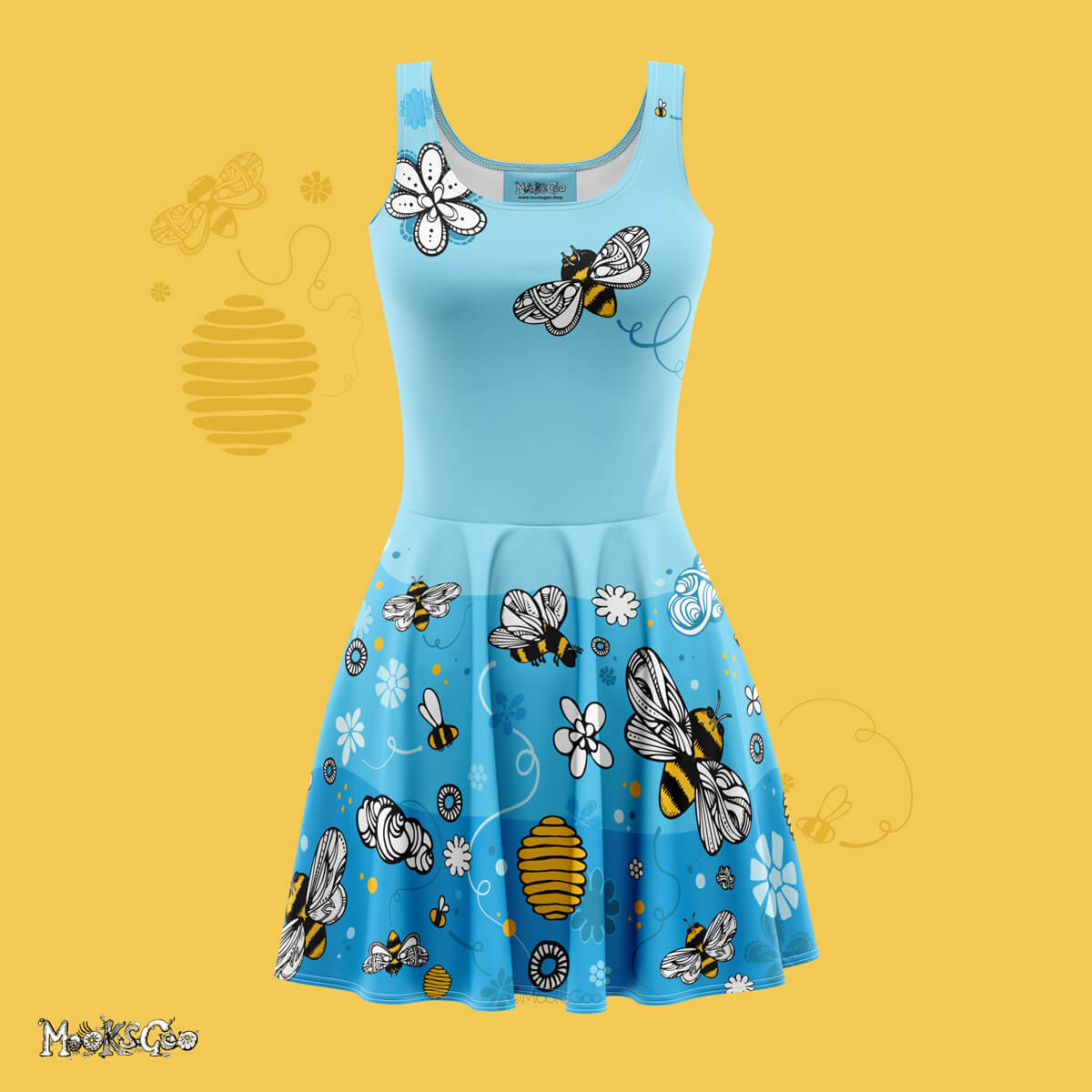 Vibrant bees, honey and flowers illustrated dress with a silky feel. Save the bees flared dress, designed by MooksGoo