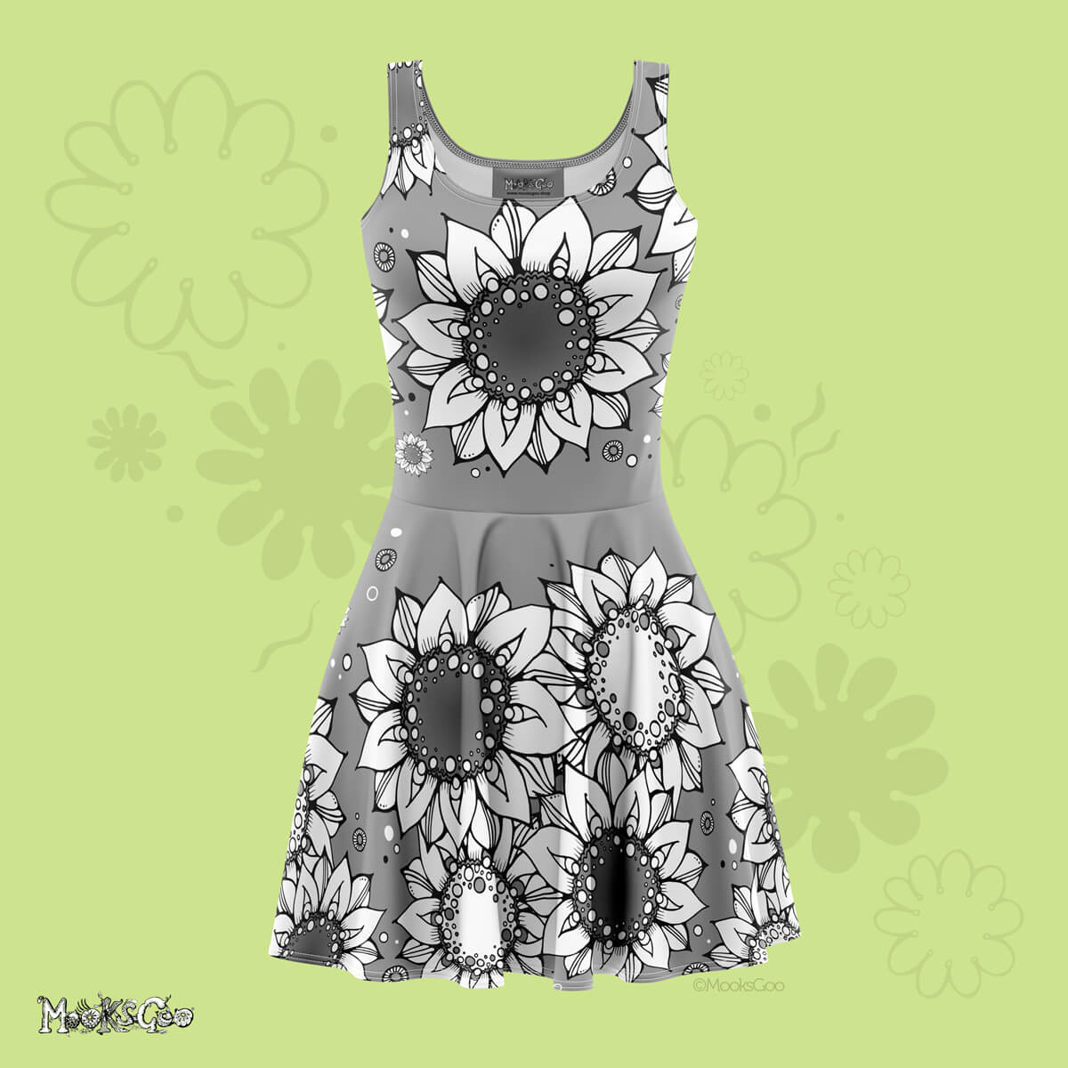 A grey Quirky and fun women's floaty light skater dress with hand drawn illustrated black and white sunflowers, dots and wheels, designed by MooksGoo