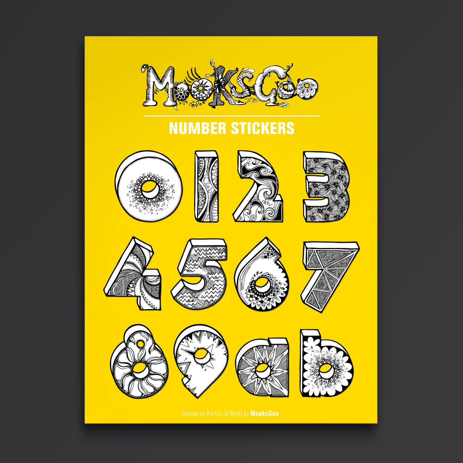 quirky, bright and bold house number stickers for wheelie bins, recycling bins, food bins, designed and illustrated by MooksGoo