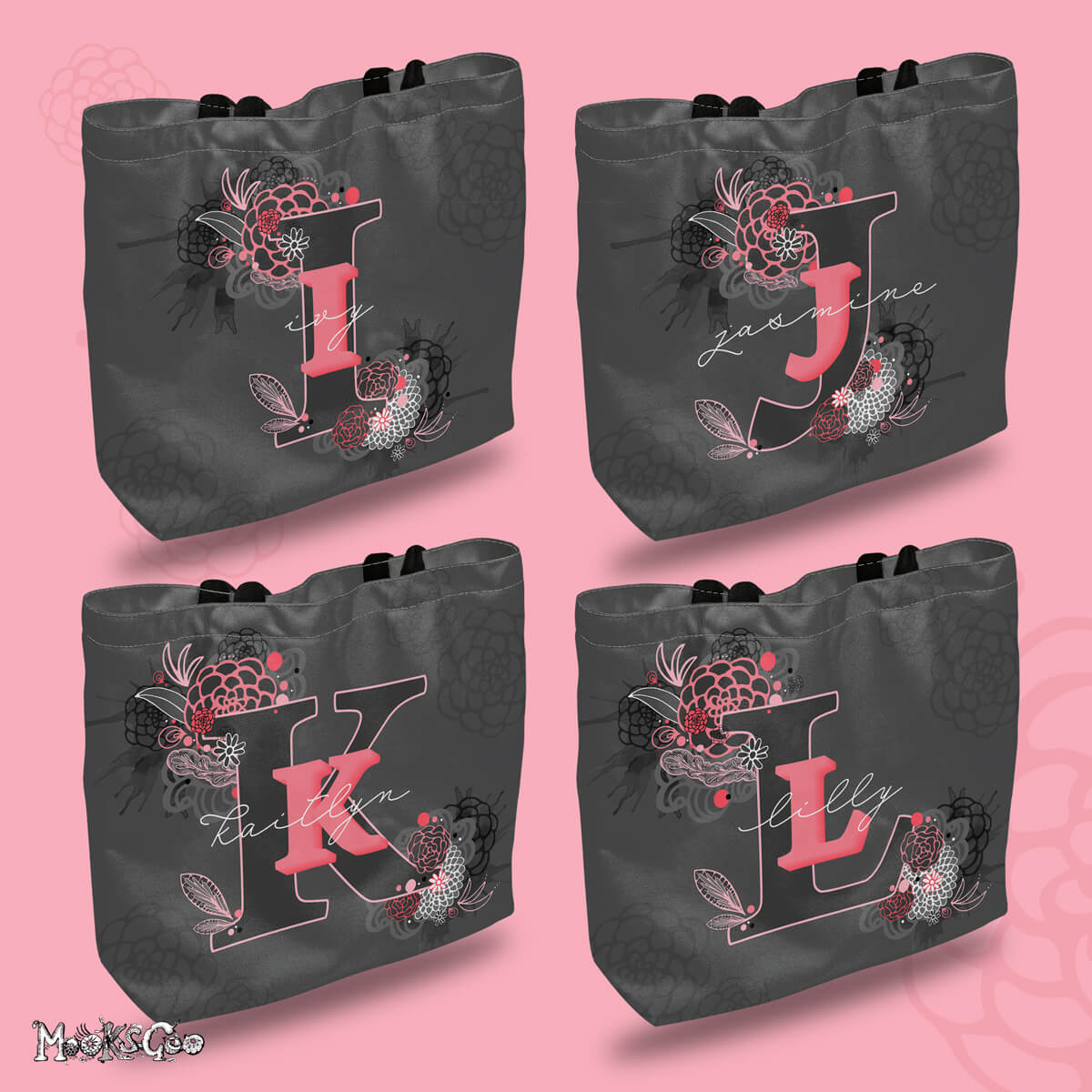 Personalised tote bags with letters I for Ivy, J for Jasmine, K for Kaitlyn, and L for Lilly, designed by MooksGoo