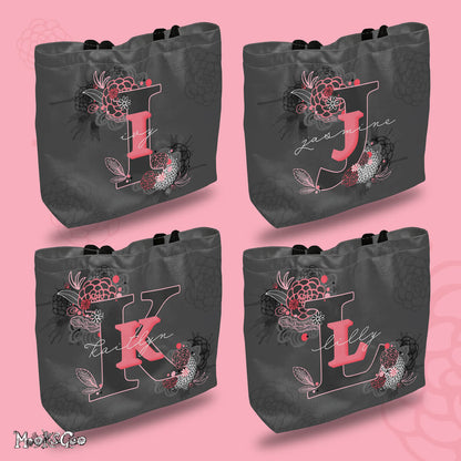 Personalised tote bags with letters I for Ivy, J for Jasmine, K for Kaitlyn, and L for Lilly, designed by MooksGoo