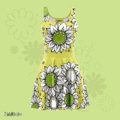 A lime green Quirky and fun women's floaty light skater dress with hand drawn illustrated black and white sunflowers, dots and wheels, designed by MooksGoo