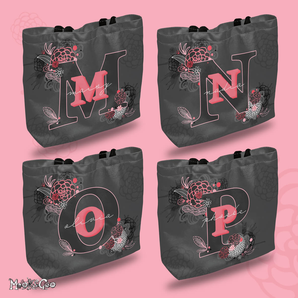 Personalised tote bag for female gifts, with the letters M for Maisy, N for Nadia, O for Olivia, P for Phoebe, designed by MooksGoo