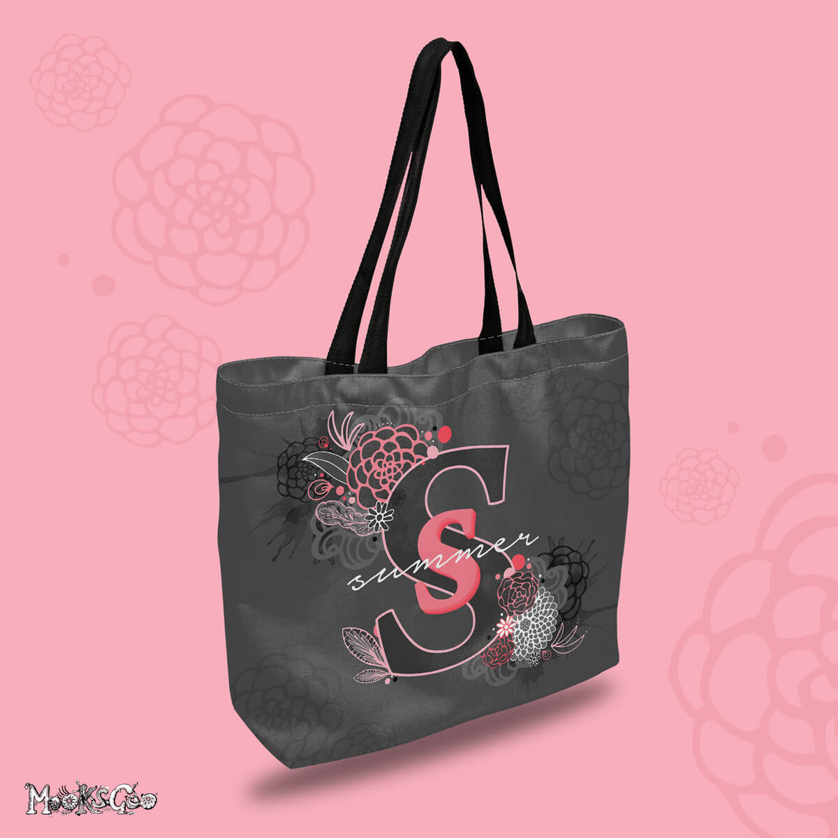 Personalised canvas tote bag with the name Summer, in a grey and pink colour palette, designed by MooksGoo