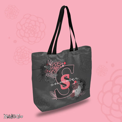 Personalised canvas tote bag with the name Summer, in a grey and pink colour palette, designed by MooksGoo