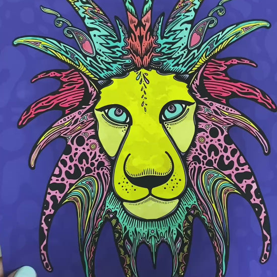 Colourful and quirky illustrated lion on a purple background, printed on 200gsm matte art paper, designed by MooksGoo