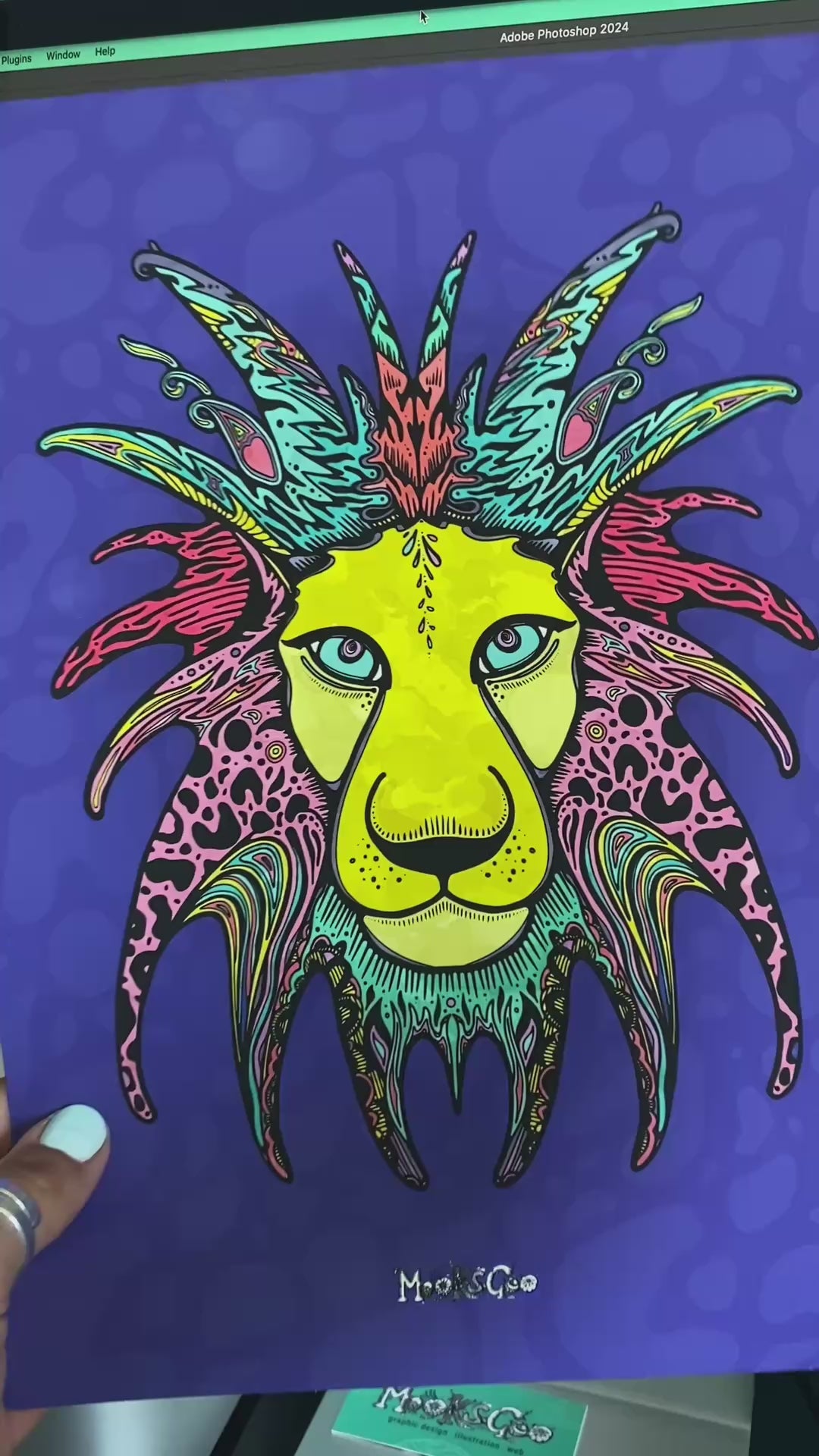 Colourful and quirky illustrated lion on a purple background, printed on 200gsm matte art paper, designed by MooksGoo
