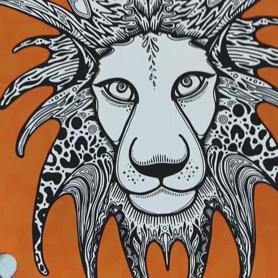 Colour popping black and white lion illustration on a bold orange background, printed on 200gsm matte art paper, designed by MooksGoo