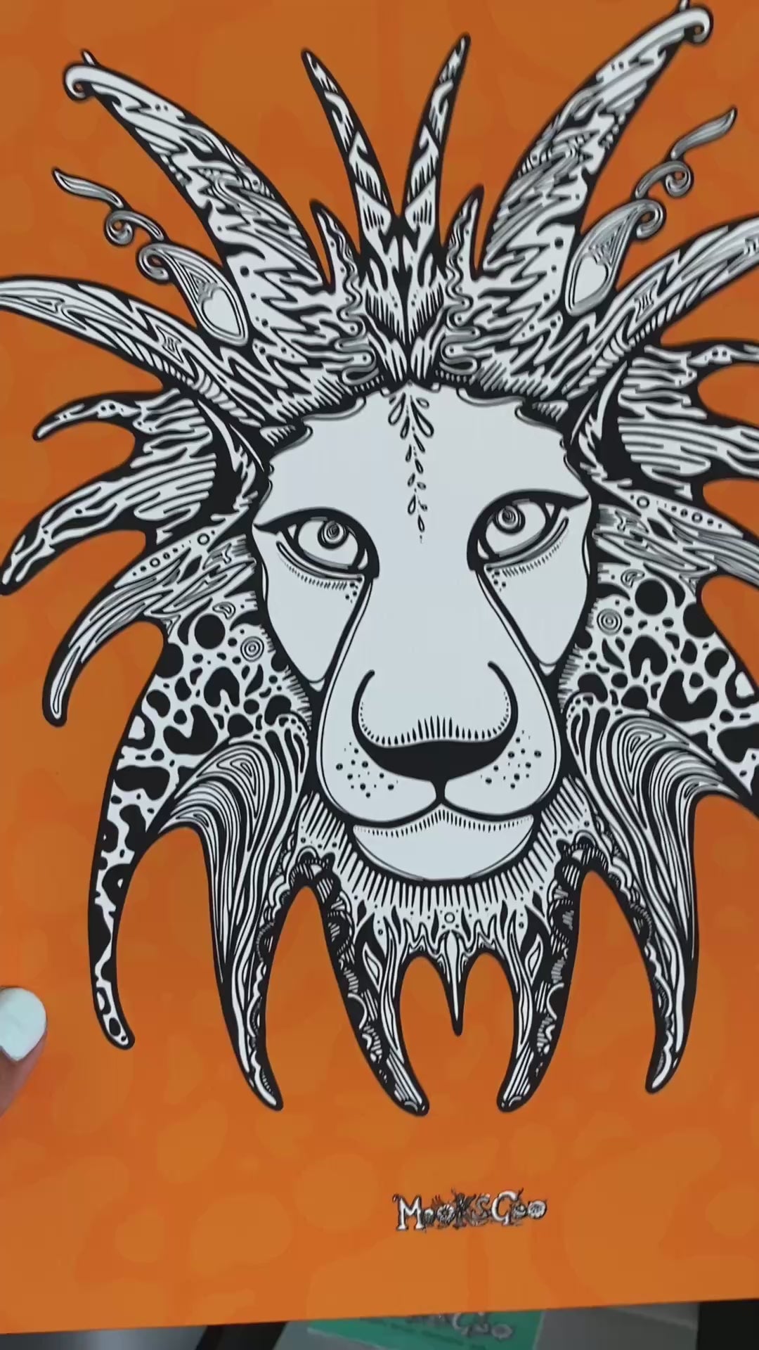 Colour popping black and white lion illustration on a bold orange background, printed on 200gsm matte art paper, designed by MooksGoo