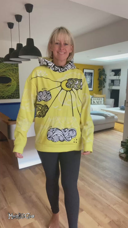 a lady wearing a bright yellow hoodie with illustrated clouds and a sunshine, walking in a modern interior house, designed by MooksGoo