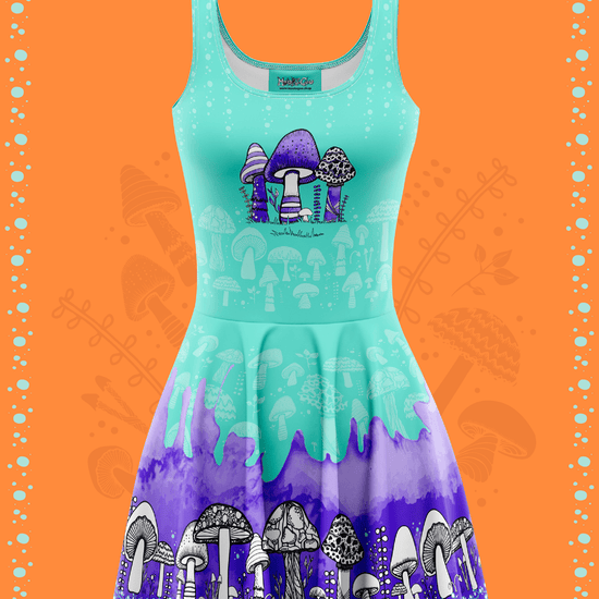Quirky turquoise and purple illustrated dress with mushrooms and bold patterns, designed by MooksGoo