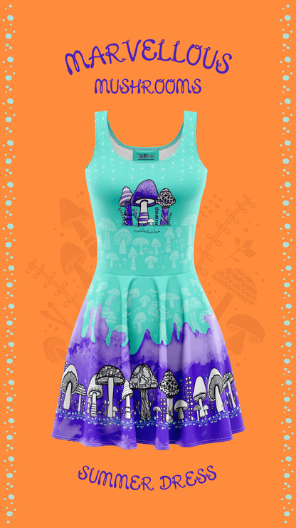 Quirky turquoise and purple illustrated dress with mushrooms and bold patterns, designed by MooksGoo